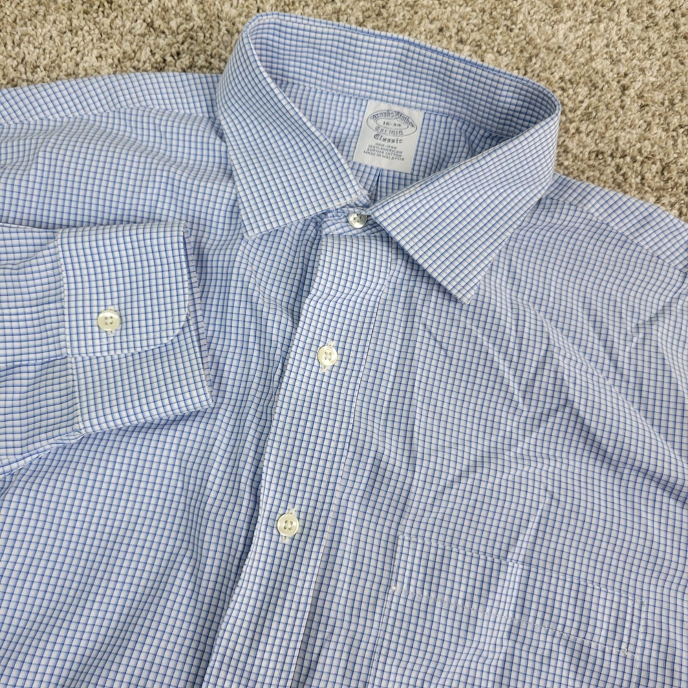 Brooks Brothers Classic Mens 16-34 Blue White Check Button Up Long Sleeve Supima